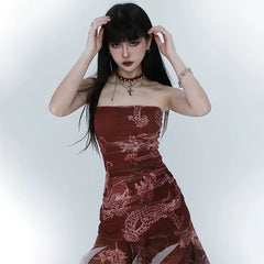 Red Asymmetrical Suspender Maxi Dress for Women – Gothic-Inspired A-Line Dress