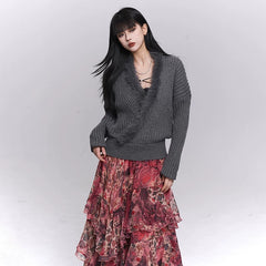 Women’s Soft Gray V-Neck Knit Sweater – Relaxed Fit Pullover