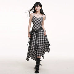 Black and White Plaid Suspender Mini Dress for Women – Asymmetrical A-Line Dress