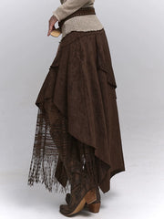 Suede Brown A-Line Maxi Skirt Set for Women – Long Sleeve Blouse, Vintage-Inspired Dark Academia Outfit