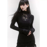 Black High Neck Fitted Top for Women – Long Sleeve Gothic-Inspired Shirt