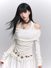 Off-Shoulder Long Sleeve Top for Women – Layered Two-in-One Design