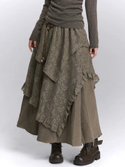 Brown High-Waisted Lace Maxi Skirt for Women – Layered A-Line Long Skirt