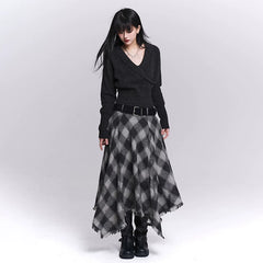 Women’s Black & Gray Plaid Cotton Linen Maxi Skirt – A-Line Long Skirt
