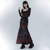 Red Velvet Fishtail Maxi Dress for Women – Elegant Long Sleeve Dress