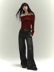 Women’s Burgundy One-Shoulder Top – Asymmetrical Slim Fit Shirt
