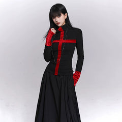 Women’s Black Gothic Cross Top – Half Turtleneck Long Sleeve Layering Top