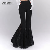 Women’s Black High-Waisted Flared Pants with Cross Detail – Gothic Style Wide Leg Trousers
