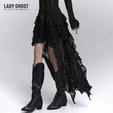 Women’s Black Lace A-Line Midi Skirt with Irregular Hem – High-Waisted for Fall and Halloween