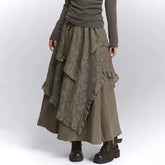 Brown High-Waisted Lace Maxi Skirt for Women – Layered A-Line Long Skirt