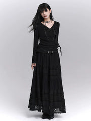 Black Lace A-Line Maxi Skirt for Women – High-Waisted Skirt