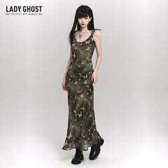 Green Butterfly Print Suspender Maxi Dress for Women – Fitted Summer Dress