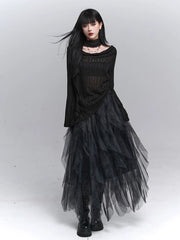 Women’s Black Long Sleeve Blouse with Cut-Out Detail – Lightweight Swing Collar Top for Fall