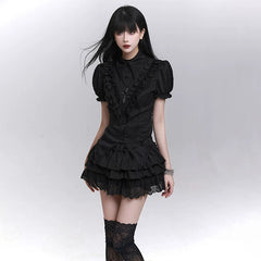 Women’s Black Puff Sleeve Short Sleeve Top – Gothic Style for Summer