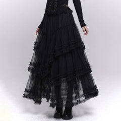 Women’s Black Mesh Maxi Skirt – Tiered Asymmetrical Long Skirt