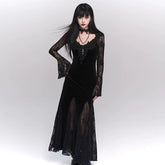 Red Gothic A-Line Maxi Dress for Women – Elegant Long Sleeve Dress