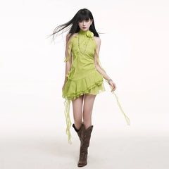 Green A-Line Mini Dress for Women – Waist-Cinching Summer Dress
