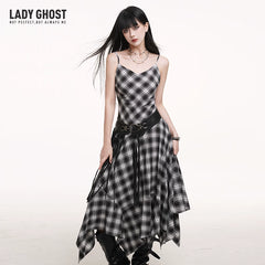 Black and White Plaid Suspender Mini Dress for Women – Asymmetrical A-Line Dress