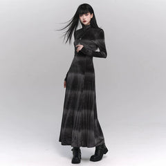 Gray Velvet Midi Dress for Women – Long Sleeve Gothic-Inspired Fall Dress