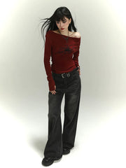Women’s Burgundy One-Shoulder Top – Asymmetrical Slim Fit Shirt