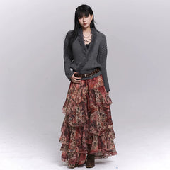 Women’s Red Floral Maxi Skirt – Tiered A-Line Long Skirt