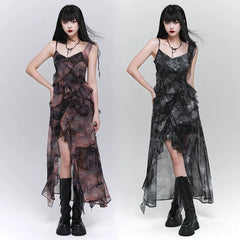 Purple Asymmetrical Suspender Maxi Dress for Women – Gothic-Inspired A-Line Dress