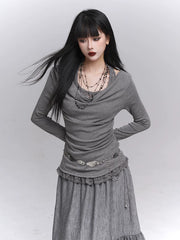 Off-Shoulder Long Sleeve Top for Women – Layered Two-in-One Design