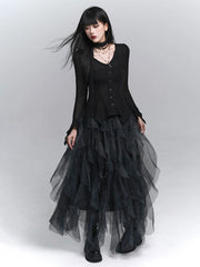 Women’s Black Mesh Midi Skirt with Irregular Hem – High-Waisted for Summer
