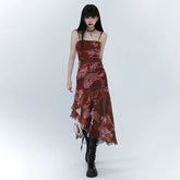 Red Asymmetrical Suspender Maxi Dress for Women – Gothic-Inspired A-Line Dress
