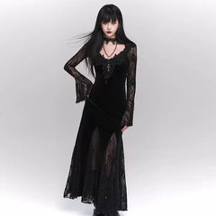 Red Gothic A-Line Maxi Dress for Women – Elegant Long Sleeve Dress