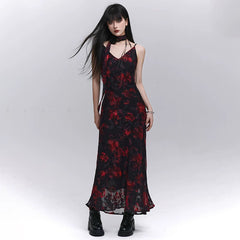 Women’s Black and Red Floral Suspender Midi Dress – A-Line for Summer and Events