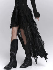 Women’s Black Lace A-Line Midi Skirt with Irregular Hem – High-Waisted for Fall and Halloween