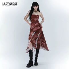 Red Asymmetrical Suspender Maxi Dress for Women – Gothic-Inspired A-Line Dress