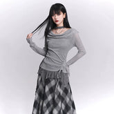 Women’s Black Faux Two-Piece Top – Layered Design Long Sleeve Blouse