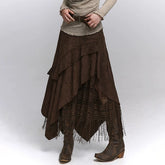 Suede Brown A-Line Maxi Skirt Set for Women – Long Sleeve Blouse, Vintage-Inspired Dark Academia Outfit