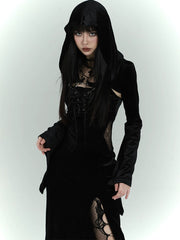Black Velvet Gothic Dress for Women – Long Sleeve A-Line Dress