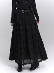 Black Lace A-Line Maxi Skirt for Women – High-Waisted Skirt