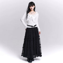 Women’s Black Lace Mesh Maxi Skirt – A-Line Long Skirt