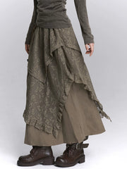 Brown High-Waisted Lace Maxi Skirt for Women – Layered A-Line Long Skirt