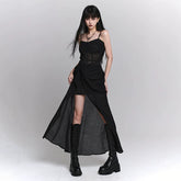 Black Suspender Maxi Dress for Women – Gothic-Inspired A-Line Long Dress