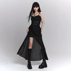 Black Suspender Maxi Dress for Women – Gothic-Inspired A-Line Long Dress