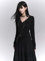 Black V-Neck Long Sleeve Top for Women – Fitted Slim Top
