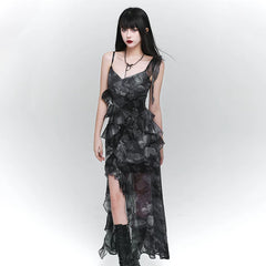 Purple Asymmetrical Suspender Maxi Dress for Women – Gothic-Inspired A-Line Dress