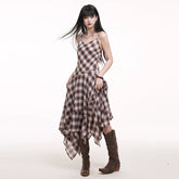 Plaid Asymmetrical Suspender Maxi Dress for Women – A-Line Flowy Long Dress