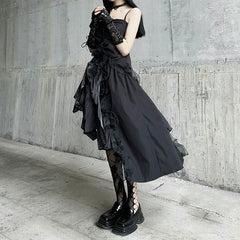 Black Gothic Asymmetrical Suspender Mini Dress for Women – Sleeveless A-Line Dress