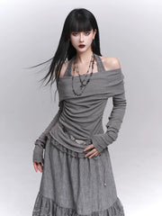 Off-Shoulder Long Sleeve Top for Women – Layered Two-in-One Design