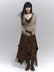 Suede Brown A-Line Maxi Skirt Set for Women – Long Sleeve Blouse, Vintage-Inspired Dark Academia Outfit