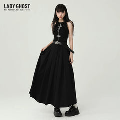 Women’s Black Suspender Maxi Dress – Gothic Style A-Line Long Dress