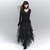 Women’s Black Mesh Midi Skirt with Irregular Hem – High-Waisted for Summer