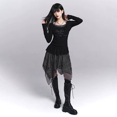 Women’s Black Halter Neck Top – Faux Two-Piece Long Sleeve Slim Fit Top